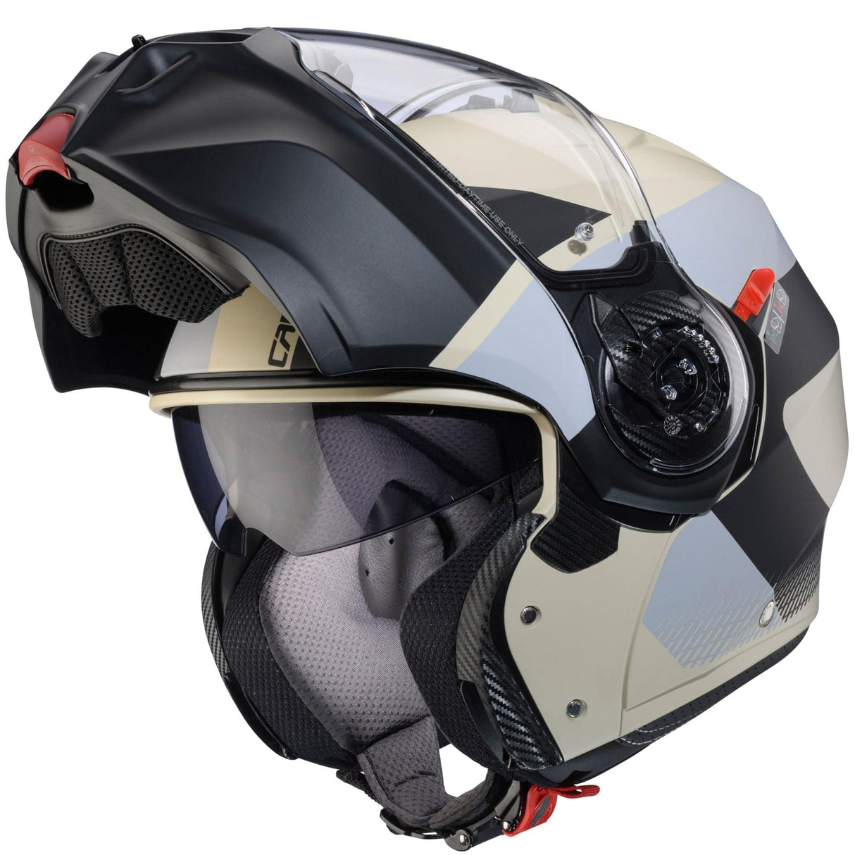 Matt-sand und schwarz-grauer Klapphelm von Caberg Duke Evo Indy mit Visier und Belüftungsöffnungen, modernes Design