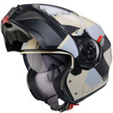Matt-sand und schwarz-grauer Klapphelm von Caberg Duke Evo Indy mit Visier und Belüftungsöffnungen, modernes Design