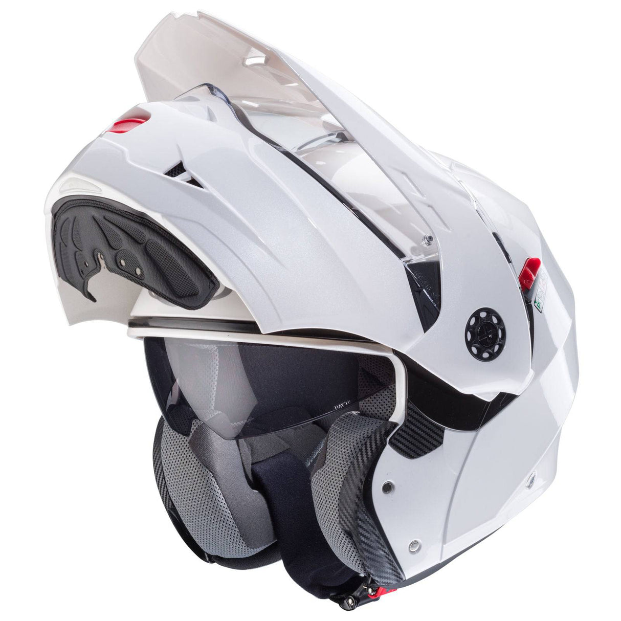 Metallischer weißer Caberg Tourmax X Klapphelm mit klarer Visier und bequemen Polstern, ideal für Motorradfahrer.