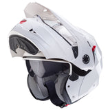 Metallischer weißer Caberg Tourmax X Klapphelm mit klarer Visier und bequemen Polstern, ideal für Motorradfahrer.