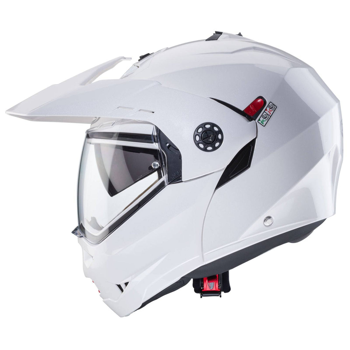 Weißer metallicer Caberg Tourmax X Klapphelm mit modernem Design, sichtbarer Helmschirm und komfortabler Passform.