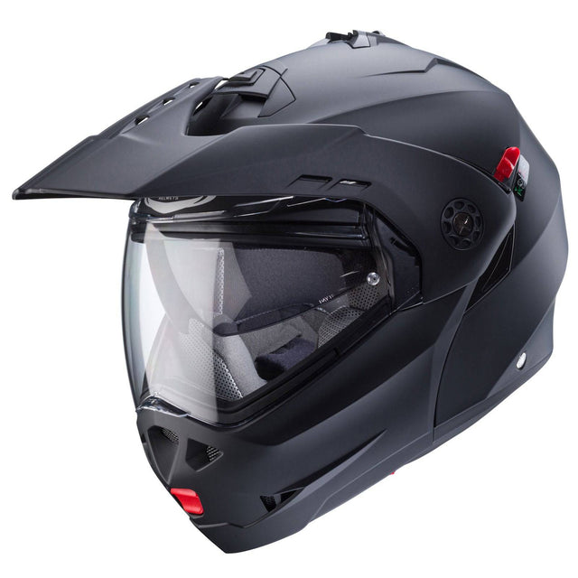 Schwarzer Klapphelm Caberg Tourmax X in Matt-Optik, zeigt das visierte Design und den sicheren Verschluss.