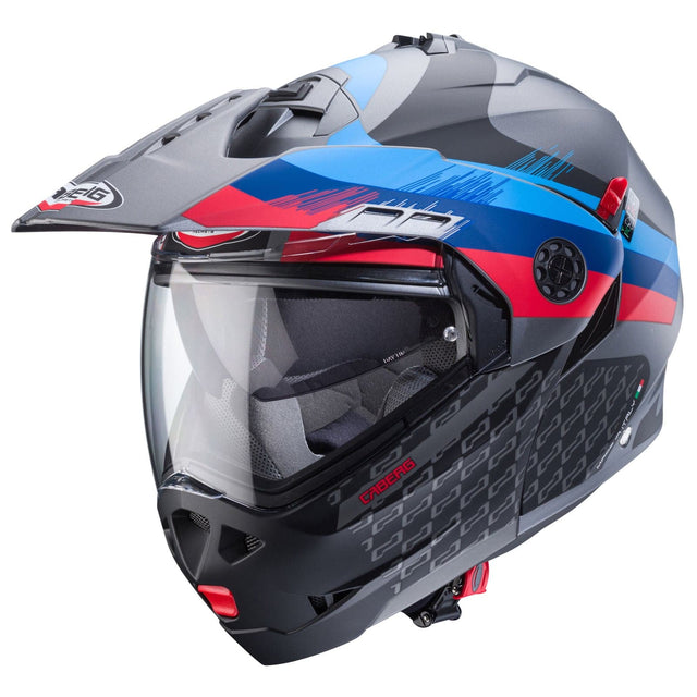 Matte schwarze und metallische Caberg Tourmax X Sarabe Klapphelm mit blauen und roten Akzenten, Sichtscheibe und Belüftung.