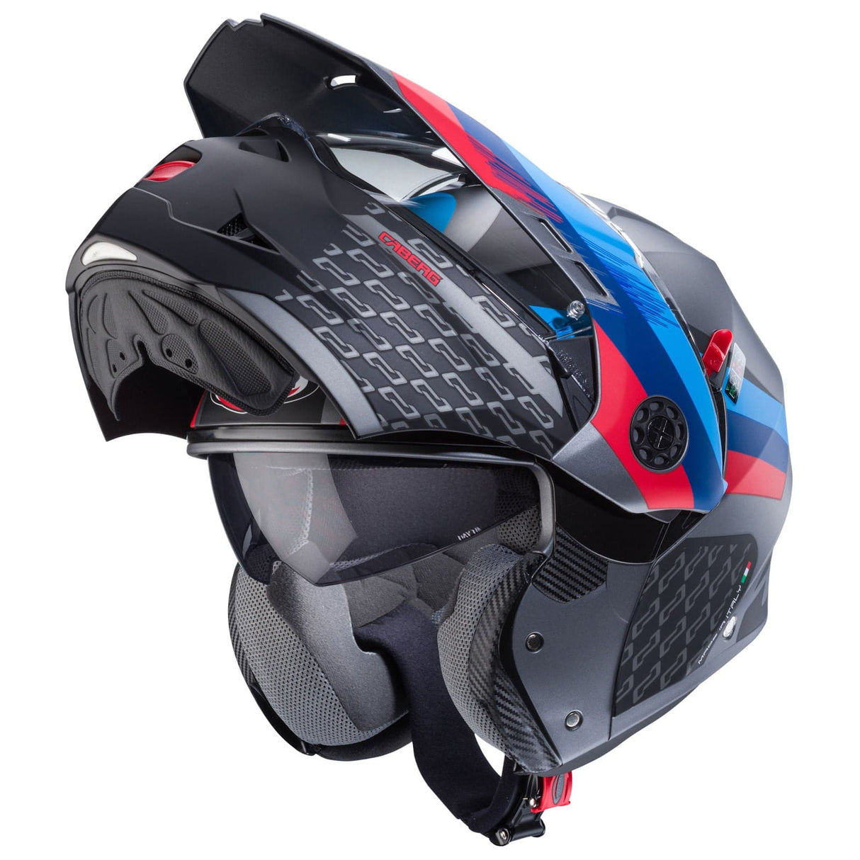 Matte schwarze Caberg Tourmax X Sarabe Klapphelm mit metallic-gun und Akzenten in Blau und Rot, sichtbare Innen- und Außenseite