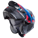 Matte schwarze Caberg Tourmax X Sarabe Klapphelm mit metallic-gun und Akzenten in Blau und Rot, sichtbare Innen- und Außenseite
