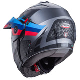 Matt-gun metallic Caberg Tourmax X Sarabe Klapphelm mit Schwarz-Blau-Rot Design, sichtbarer Helm mit Belüftungsöffnungen und Visier
