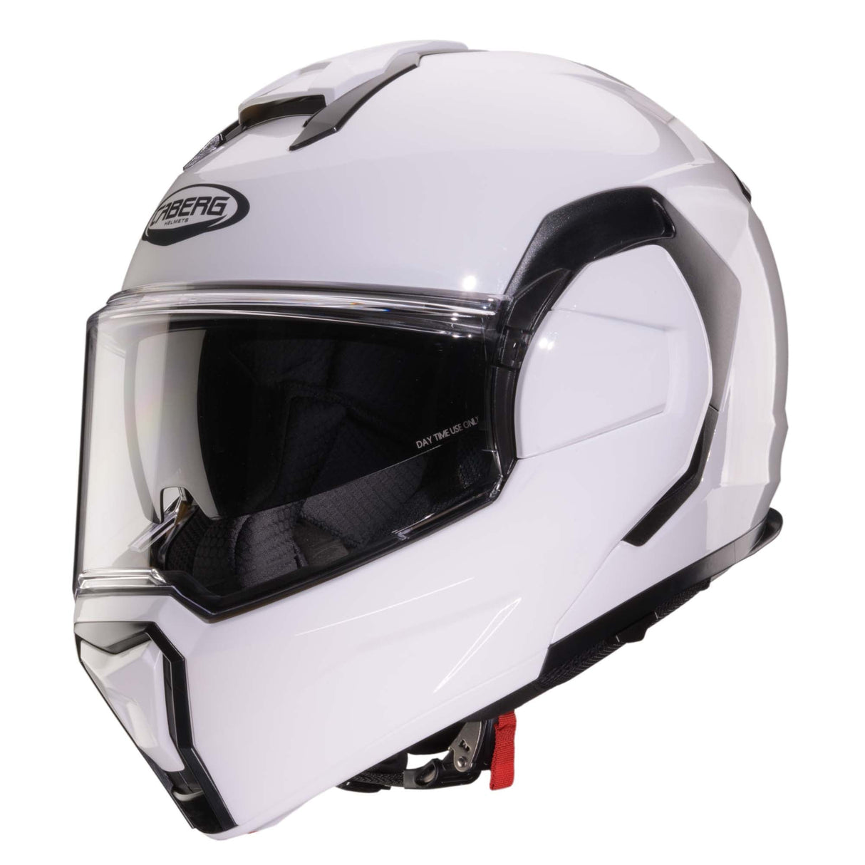 Weißer Caberg Klapphelm Trip mit offenem Visier und komfortabler Passform, perfekt für Motorradfahrer.