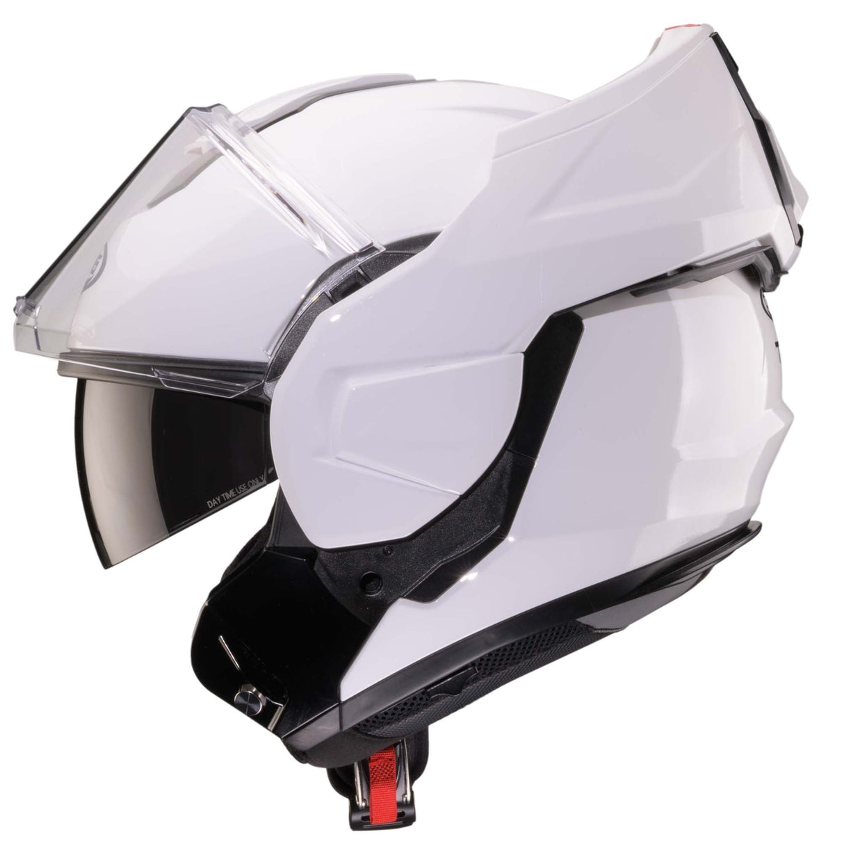 Weißer Caberg Klapphelm Trip mit belüftetem Design und Sicherheitsschild, auf einem Motorrad getragen.