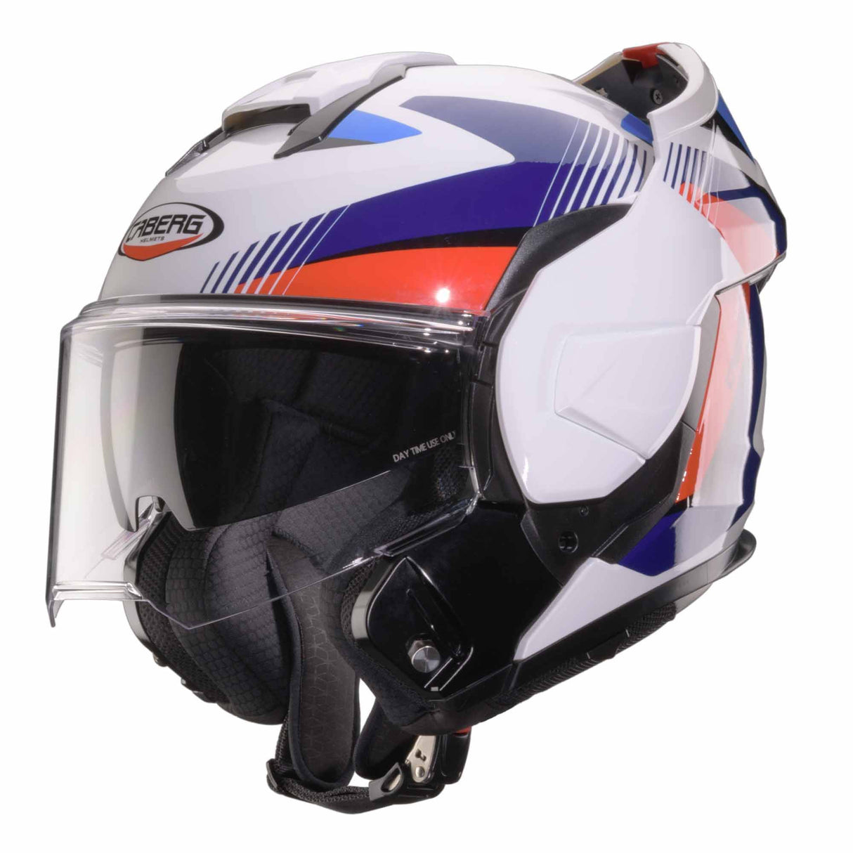 Weiß-blauer und roter Caberg Klapphelm Trip Lunar mit Visier, strapazierfähiges Motorradhelm-Design, sicher und bequem.