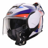 Weiß-blauer und roter Caberg Klapphelm Trip Lunar mit Visier, strapazierfähiges Motorradhelm-Design, sicher und bequem.