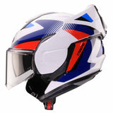 Caberg Klapphelm Trip Lunar in Weiß, Blau und Rot, mit geöffnetem Visier, zeigt modernes Design und komfortable Passform.