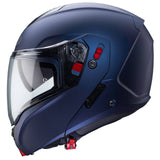 Matte blauer Caberg Horus X Klapphelm mit Yama-Design, Sichtfeld und Belüftung sichtbar.
