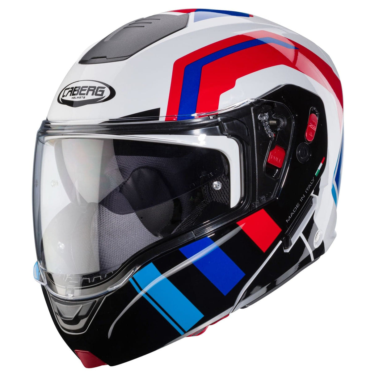 Weißer Caberg Horus X Road Klapphelm mit schwarzen, blauen und roten Designelementen, sichtbare Belüftungsöffnungen und Visier.