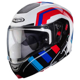Weißer Caberg Horus X Road Klapphelm mit schwarzen, blauen und roten Designelementen, sichtbare Belüftungsöffnungen und Visier.