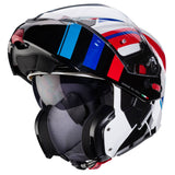 Weißer und schwarzer Caberg Horus X Road Klapphelm mit blauen und roten Akzenten, sichtbare Belüftungsöffnungen und Visier.