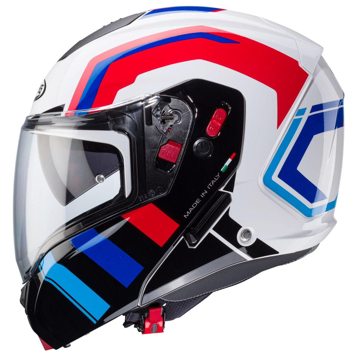 Weißer und schwarzer Caberg Horus X Road Klapphelm mit blauen und roten Akzenten, bequem und sicher für Motorradfahrer.