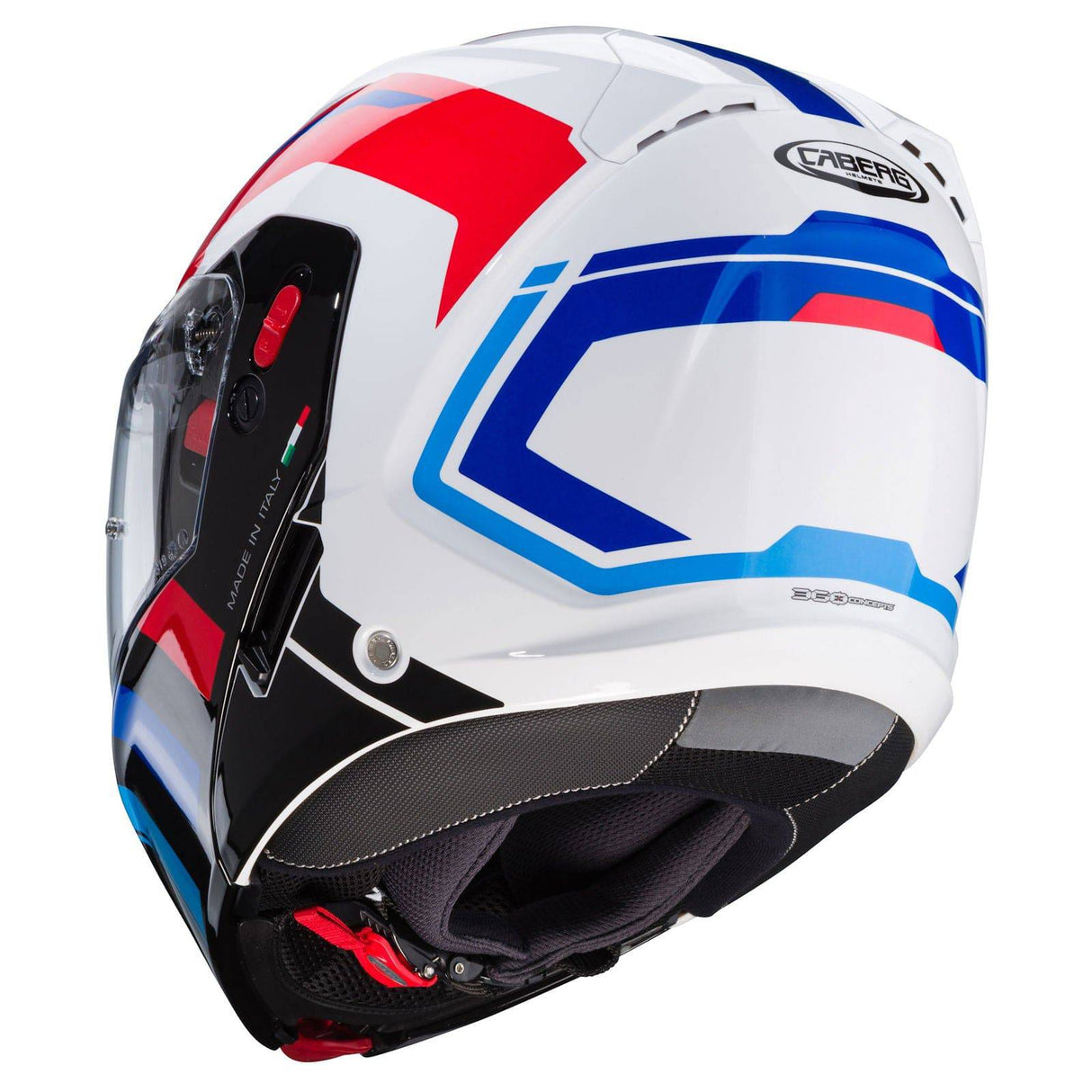 Weiß/Schwarz-Blauer Caberg Horus X Road Klapphelm mit rotem Akzent, Sichtfeld und Belüftungen, für Motorradfahrer