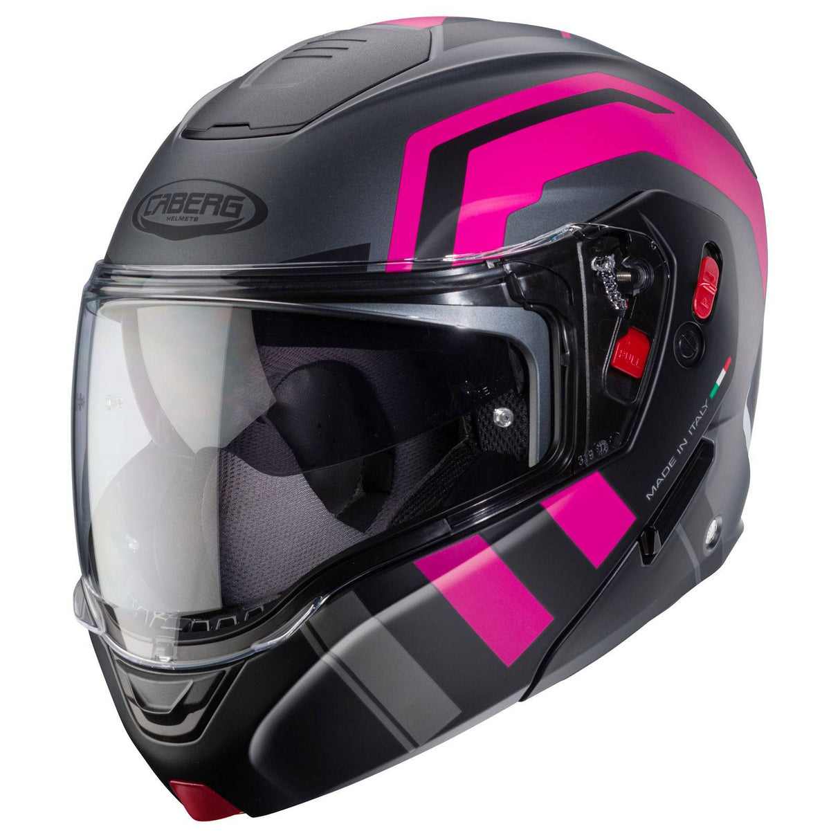 Matt-gun metallic und schwarz-fuchsia Caberg Klapphelm Horus X Road mit aerodynamischem Design und Visier.