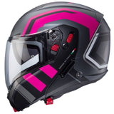 Matt-gun metallic und schwarz-fuchsia Caberg Horus X Road Klapphelm mit aerodynamischem Design und sicherem Verschluss.
