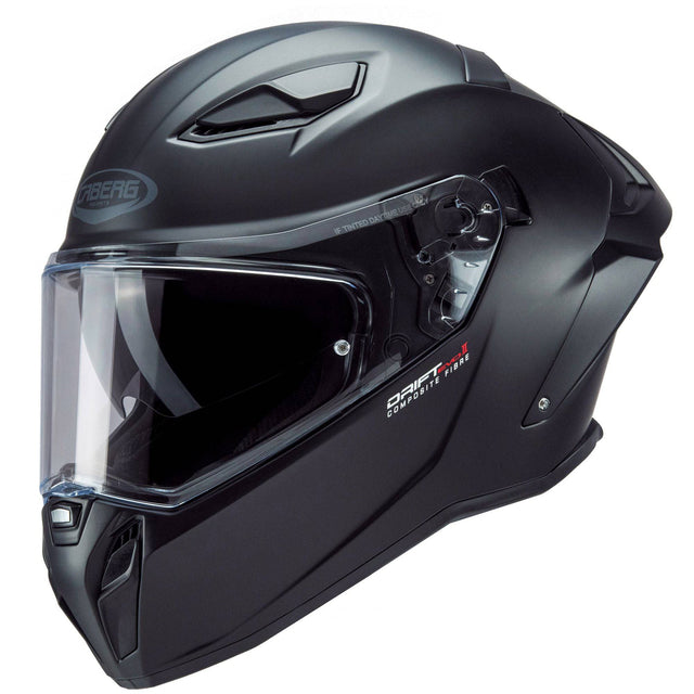 Schwarzer Caberg Drift Evo II Integralhelm mit matte Oberfläche, Blick auf das sichtbare Visier und aerodynamisches Design.