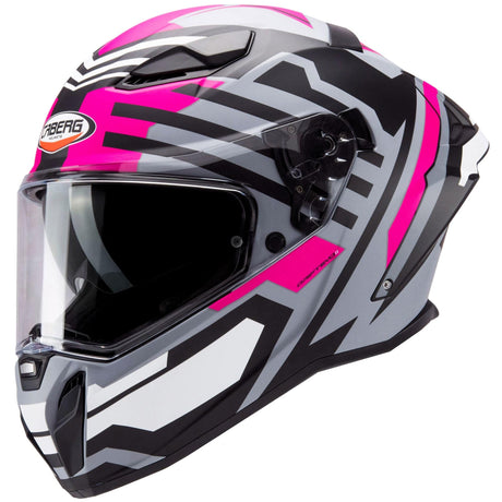 Caberg Drift Evo II Horizon Integralhelm in mattem Grau, Schwarz und Fuchsia mit Visier und Belüftung.