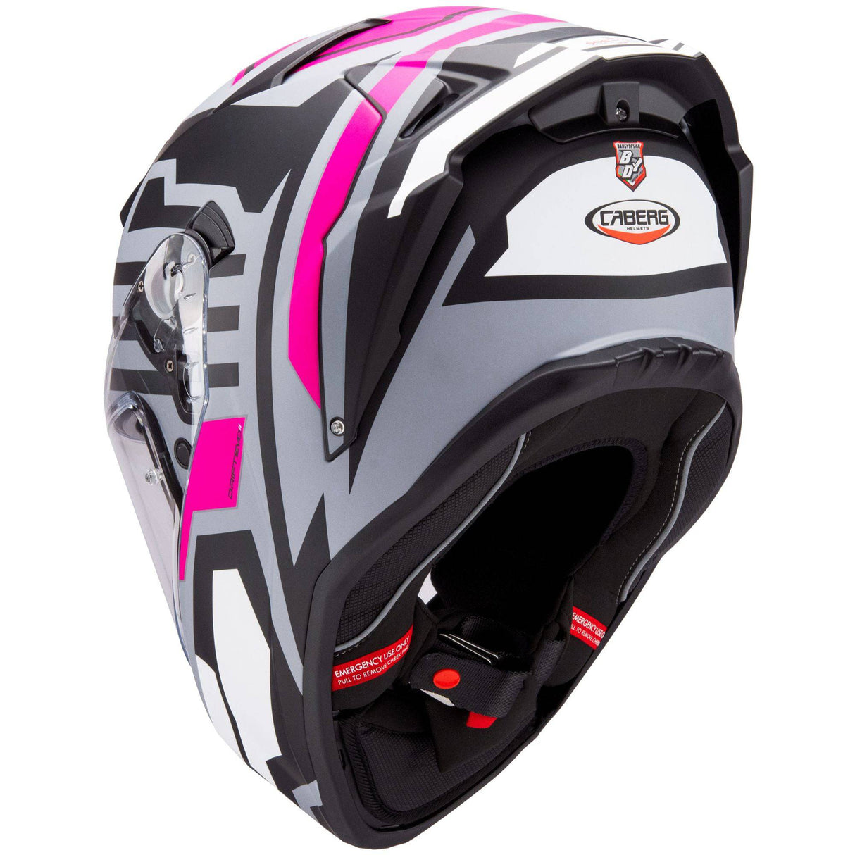 Integralhelm Caberg Drift Evo II Horizon in mattem Grau, Schwarz und Fuchsia, mit Sichtscheibe und Belüftungsöffnungen.