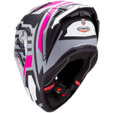 Integralhelm Caberg Drift Evo II Horizon in mattem Grau, Schwarz und Fuchsia, mit Sichtscheibe und Belüftungsöffnungen.