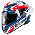 Weiß-roter Caberg Drift Evo II Jarama Integralhelm mit blauen Akzenten, Blick auf das helmtab und Belüftungsöffnungen.