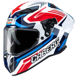 Weiß-roter Caberg Drift Evo II Jarama Integralhelm mit blauen Akzenten, Blick auf das helmtab und Belüftungsöffnungen.