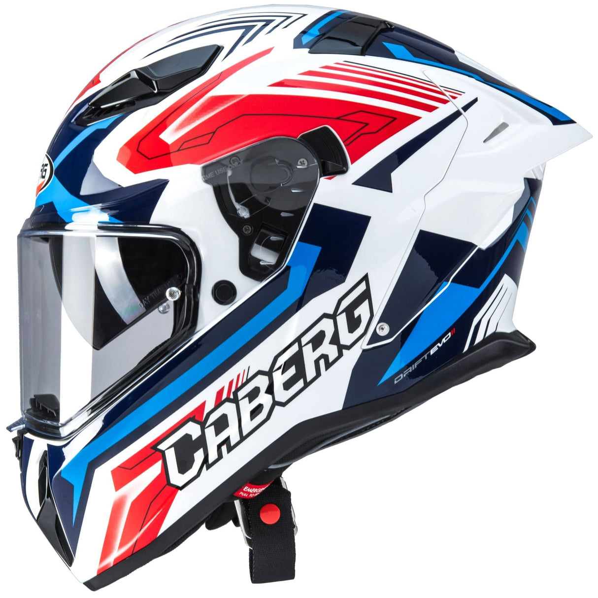 Weißer und roter Caberg Drift Evo II Jarama Integralhelm mit blauen Akzenten, sichtbar auf dem Bild.