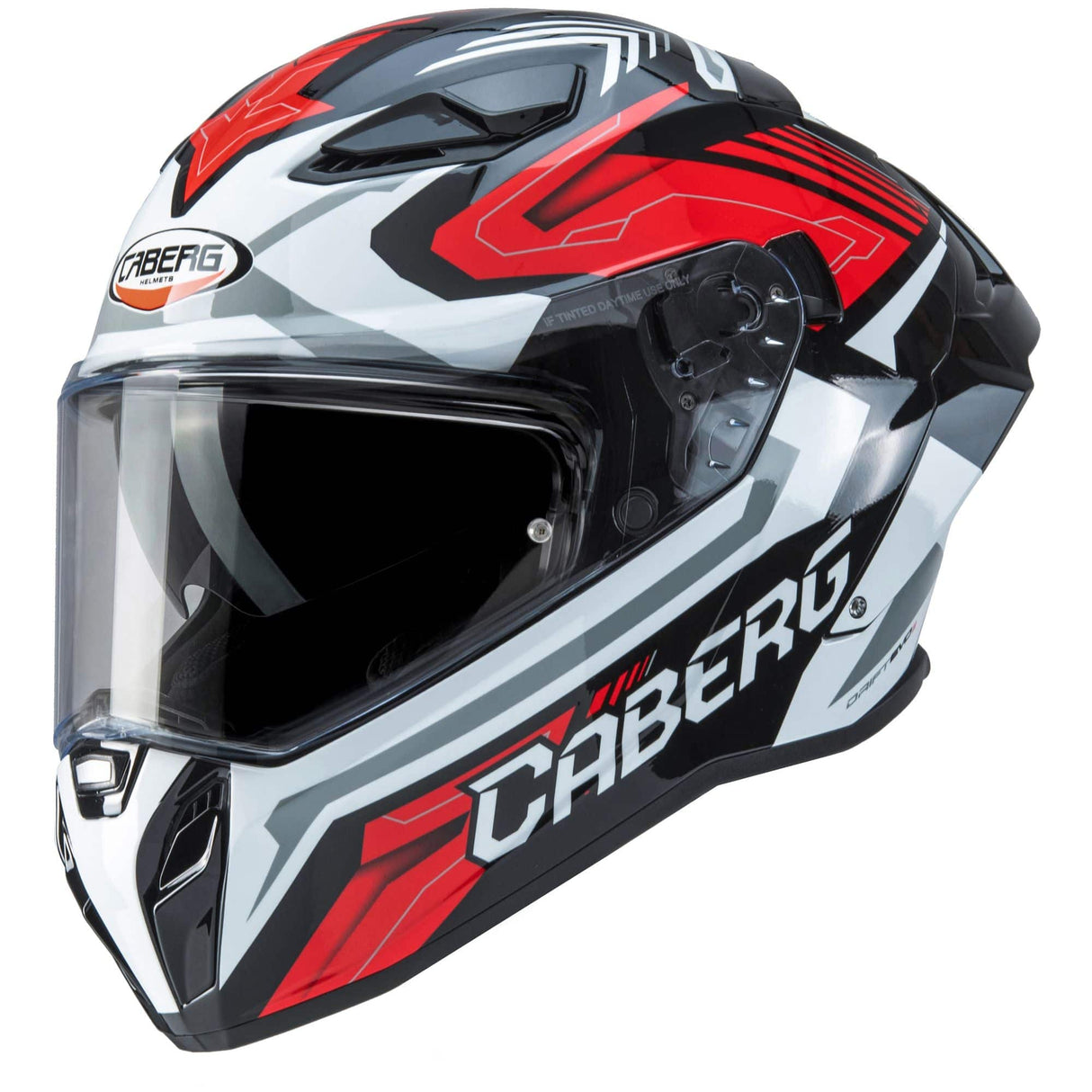 Schwarzer und weiß-roter Caberg Drift Evo II Jarama Integralhelm, stylisches Motorradhelm-Design, sichtbarer Helm mit Visier