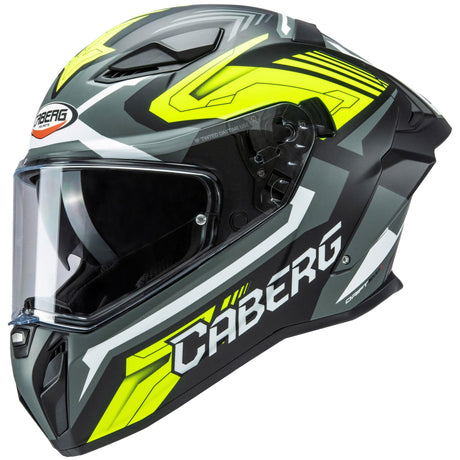 Mattschwarzer und grau-fluogelber Caberg Integralhelm Drift Evo II Jarama, mit Visier und Belüftungsöffnungen.