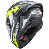 Schwarzer und grauer Caberg Integralhelm Drift Evo II Jarama mit mattem Finish, gelb-fluoreszierende Akzente, sichtbarer Visiermechanismus