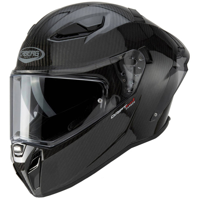 Schwarzer Caberg Drift Evo II Carbon Integralhelm mit aerodynamischem Design und Belüftung, Sichtfeld und sicherer Passform