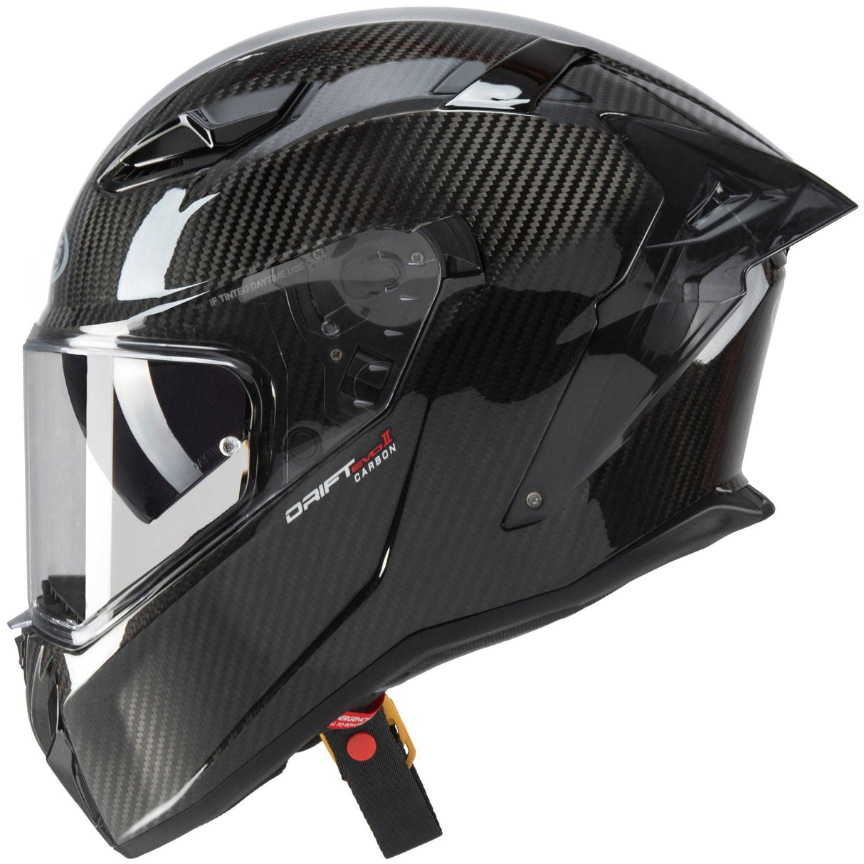 Schwarzer Caberg Drift Evo II Carbon Integralhelm mit aerodynamischem Design und integriertem Visier.