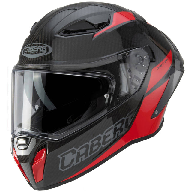 Schwarzer und roter Caberg Drift Evo II Carbon Nova Integralhelm mit aerodynamischem Design und Belüftungssystem.