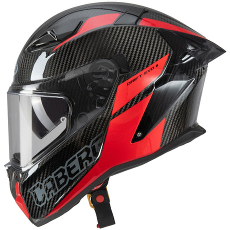 Schwarzer und roter Caberg Drift Evo II Carbon Nova Integralhelm, aerodynamisch und stilvoll für Motorradfahrer.