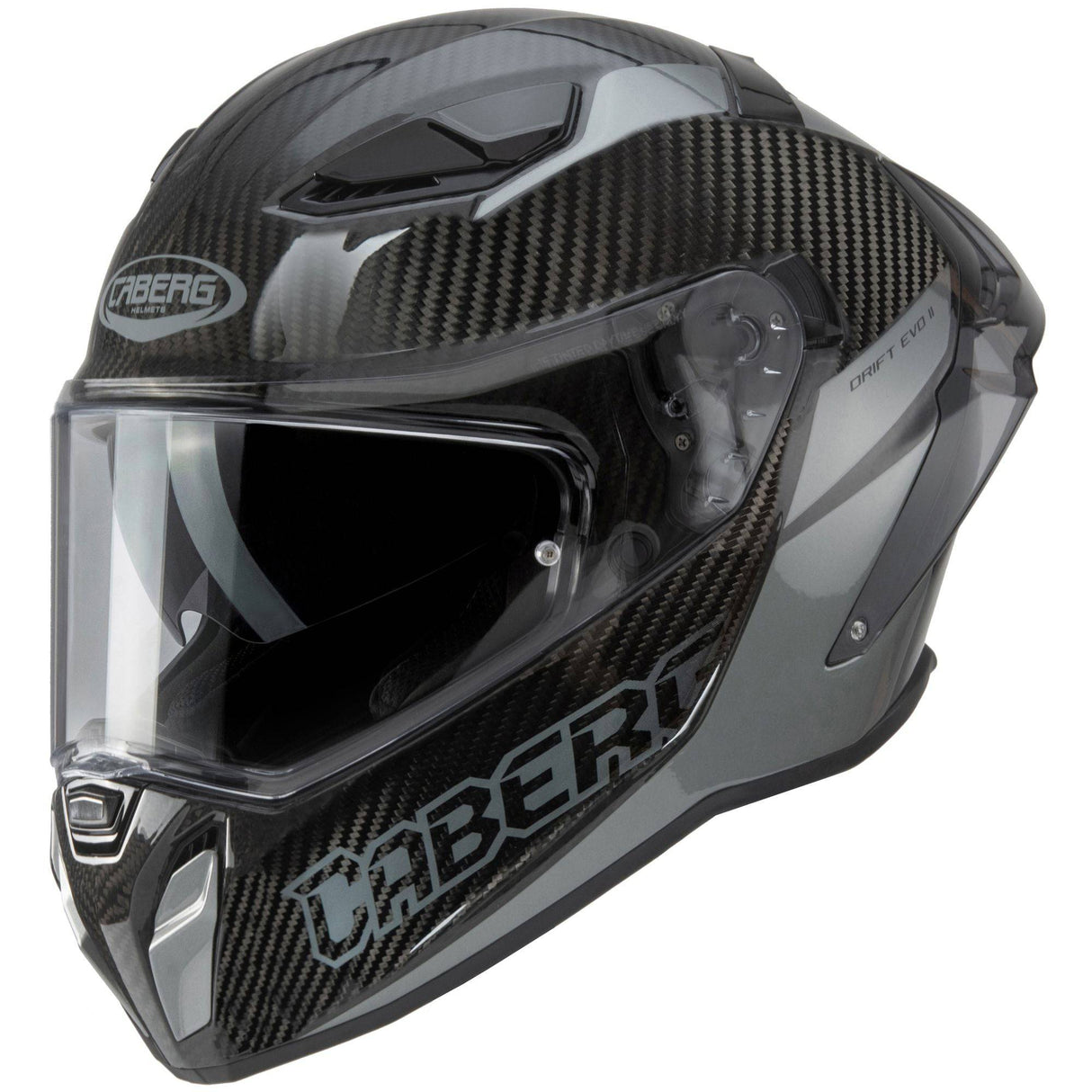 Schwarzer und grauer Caberg Drift Evo II Carbon Nova Integralhelm mit aerodynamischem Design und komfortabler Passform.