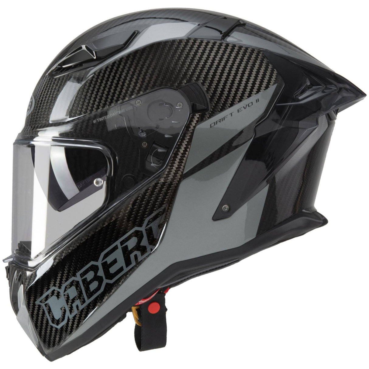 Schwarzer und grauer Carbon-Integralhelm Drift Evo II von Caberg, mit aerodynamischem Design und klarer Visier.