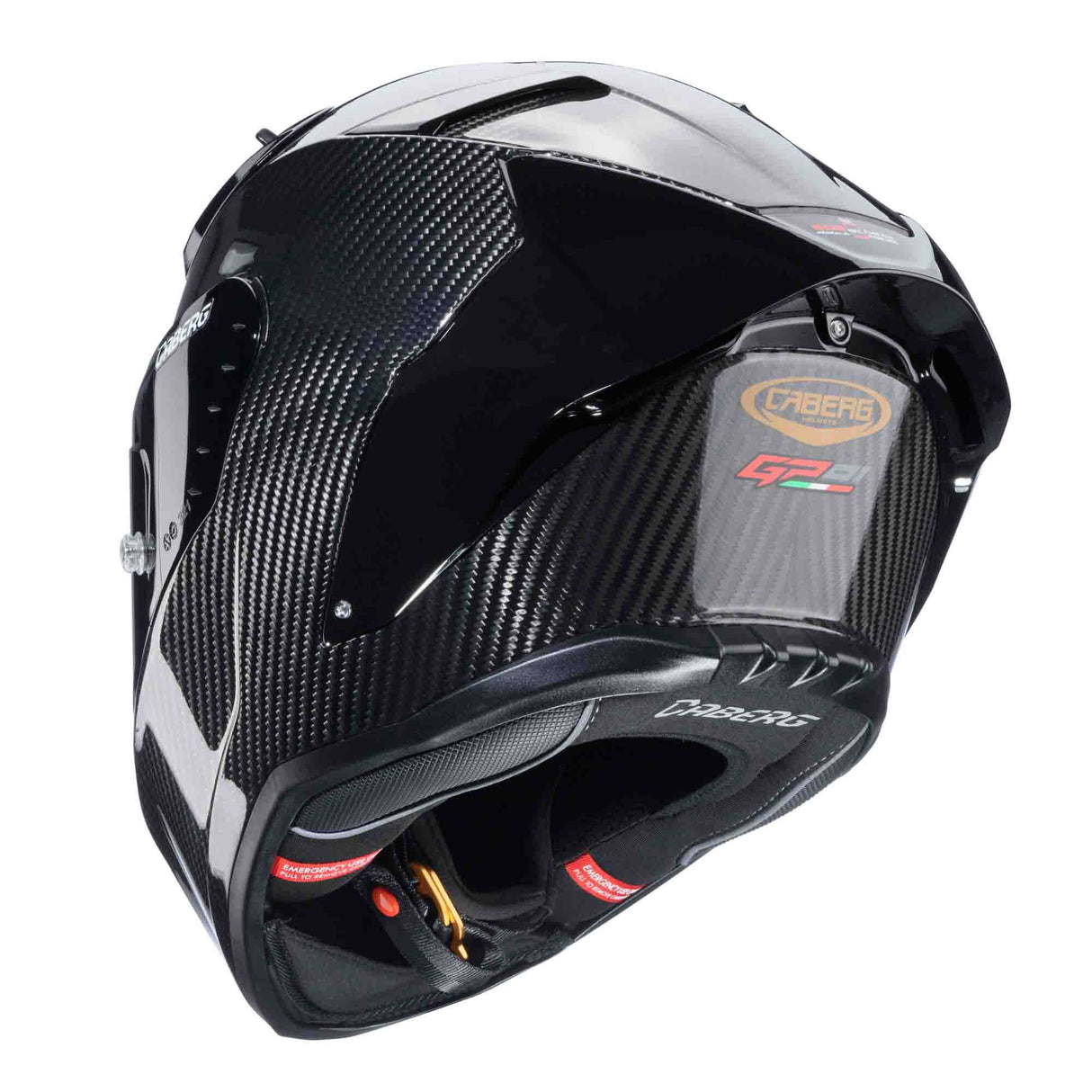 Schwarzer Caberg GP01 Carbon Integralhelm mit schlichter Optik und belüfteten Lüftungsöffnungen, Blick auf Visier und aerodynamisches Design