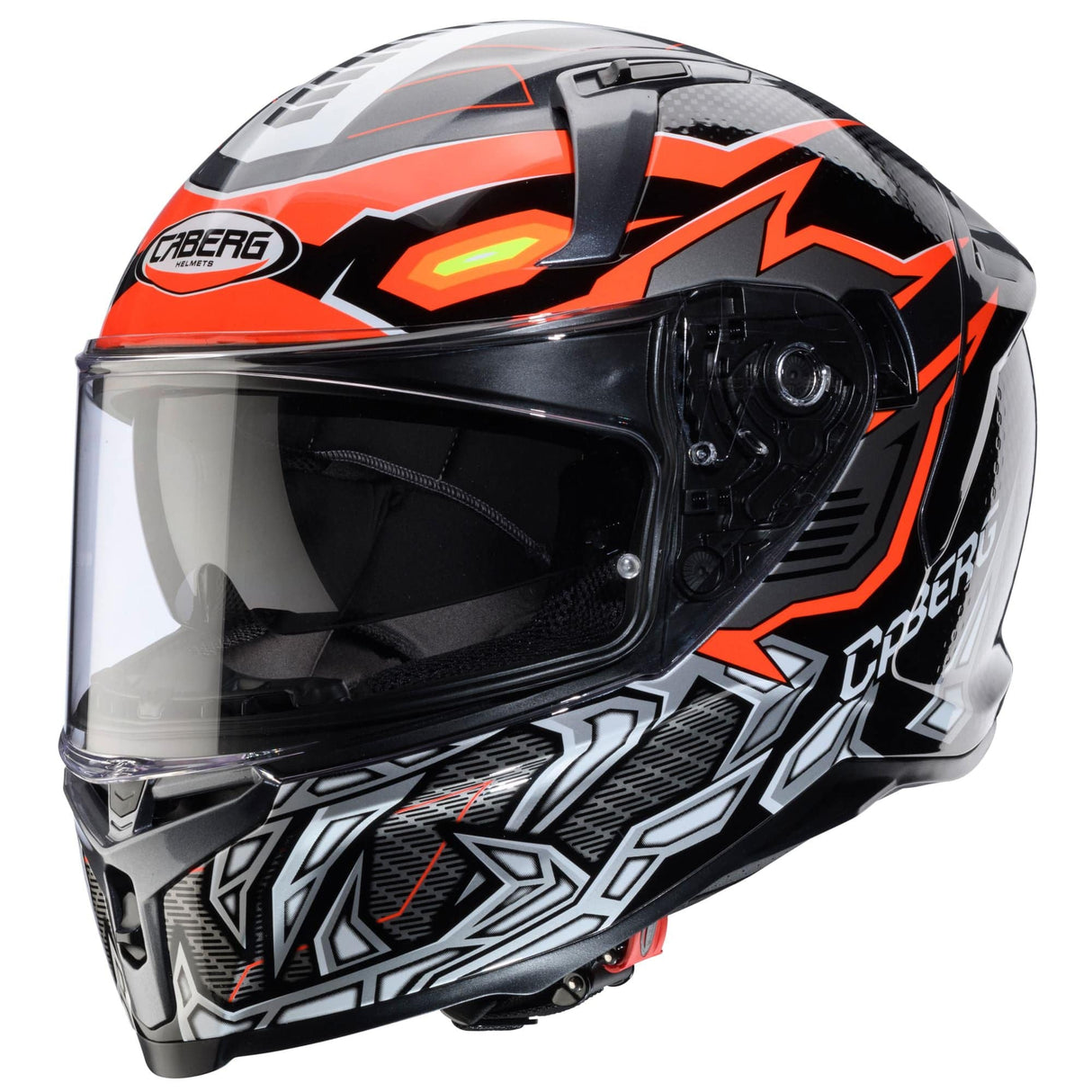 Schwarzer und grau-fluo-orange Caberg Avalon X Gurkha Integralhelm mit Belüftungsöffnungen und schnittigem Design.