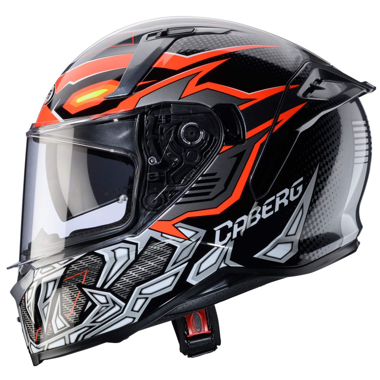 Schwarzer und grau-fluo-orange Caberg Avalon X Gurkha Integralhelm, sichtbare Helmschale und Belüftungsöffnungen