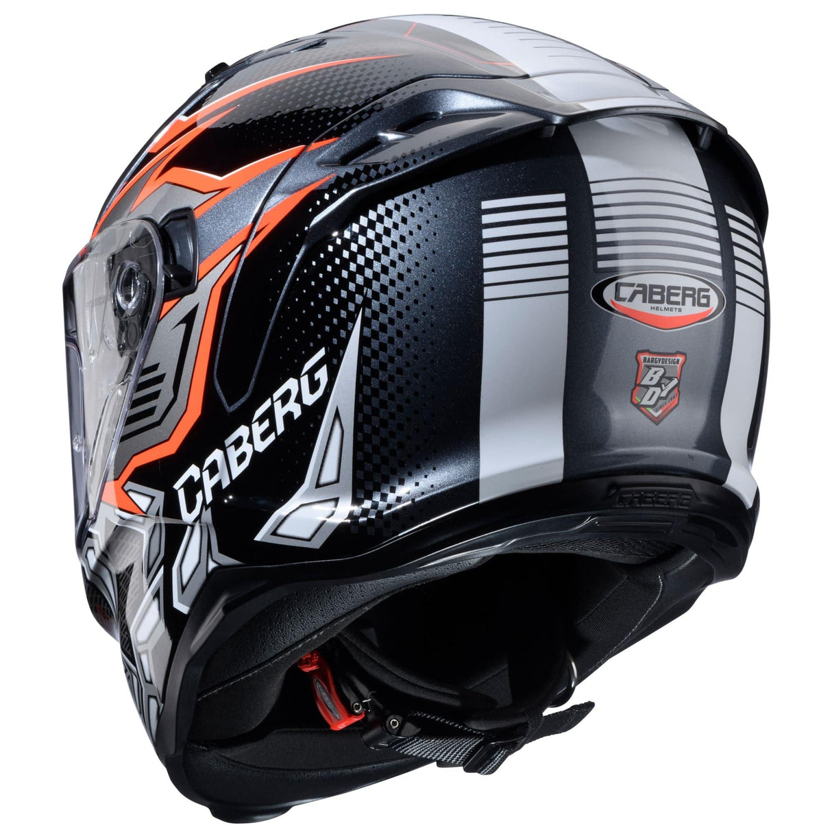 Schwarzer und grau-fluo orange Caberg Avalon X Gurkha Integralhelm, sichtbare Helmschale und Belüftungsöffnungen