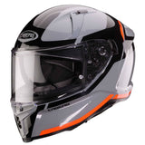Grauer, schwarzer und fluo-roter Caberg Integralhelm Avalon X Pure mit aerodynamischem Design und klarer Visierabdeckung.