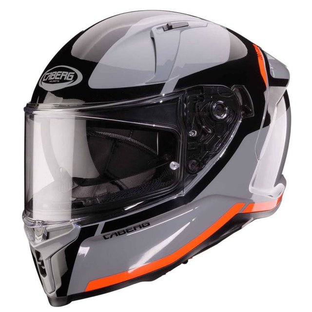 Grauer, schwarzer und fluo-roter Caberg Integralhelm Avalon X Pure mit aerodynamischem Design und klarer Visierabdeckung.