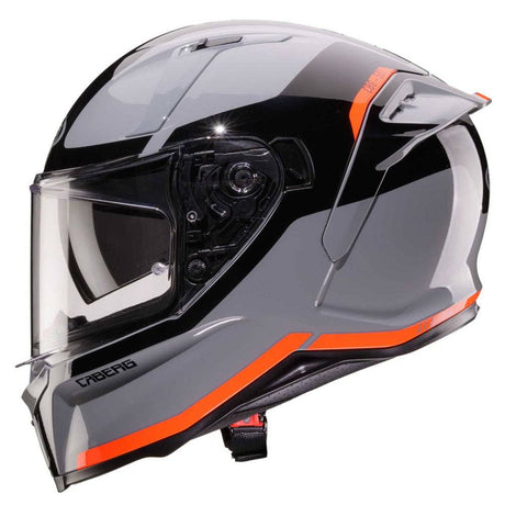 Grauer und schwarzer Caberg Avalon X Pure Integralhelm mit fluo-rot Akzenten auf der Visieröffnung.