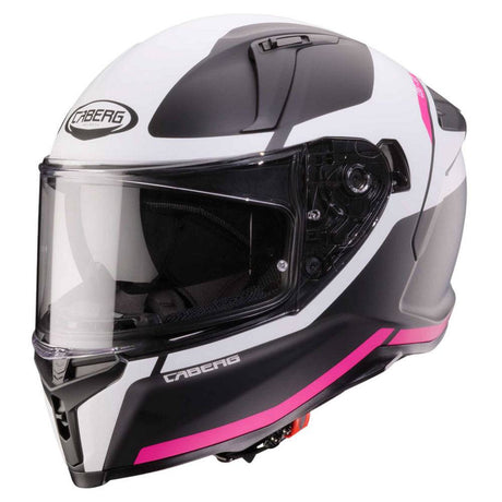 Schwarzer und weiß-fluoreszierender Caberg Avalon X Pure Integralhelm mit mattem Finish, Fuchsia-Details, Sichtscheibe und Belüftung