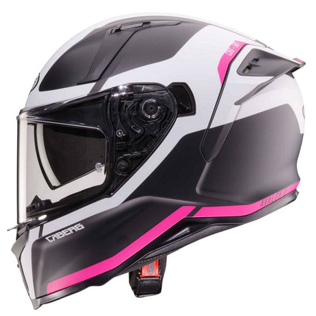 Integralhelm Caberg Avalon X Pure in mattschwarz, weiß-fluo-Fuchsia mit sichtbarem Visier und Belüftungsöffnungen