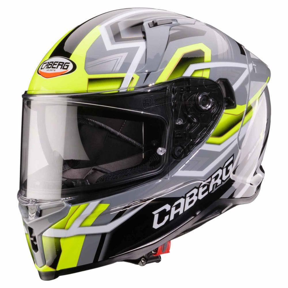 Grauer und schwarzer Caberg Avalon X Brama Integralhelm mit fluo-gelben Akzenten, sicherer Schutz und sportliches Design