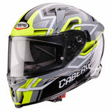 Grauer und schwarzer Caberg Avalon X Brama Integralhelm mit fluo-gelben Akzenten, sicherer Schutz und sportliches Design